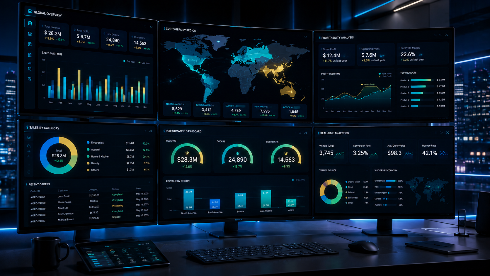 Business intelligence dashboard with charts, graphs, and KPIs