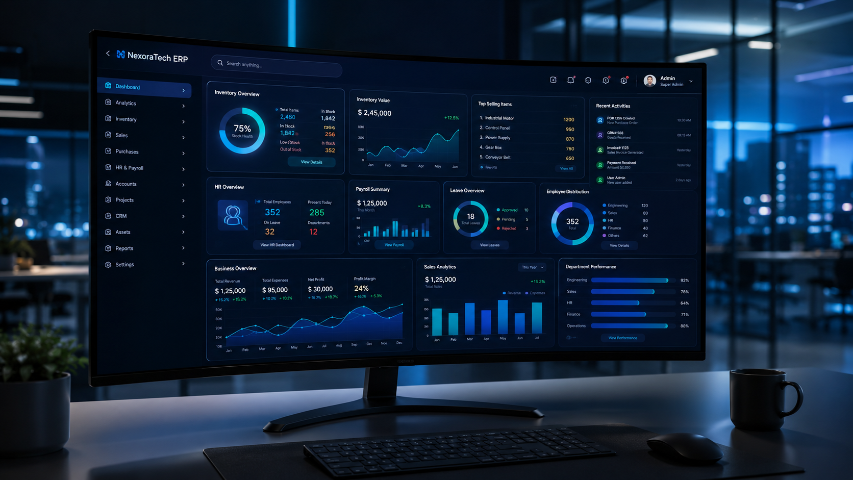 ERP software dashboard interface showing inventory and analytics