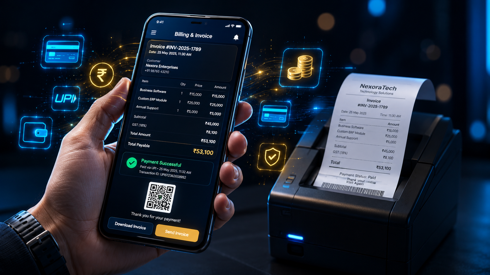 Mobile phone showing billing and invoice management app